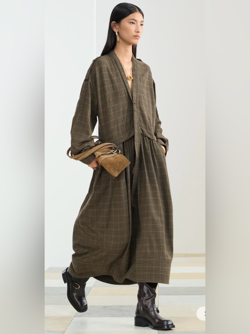 Zara SRPLS Wool Blend Plaid Midi Dress Brown Utility Military Size S - Picture 2 of 11